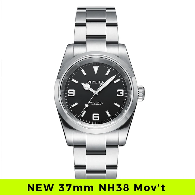 PHYLIDA 37mm Explore Black Dial NH38 Wristwatch 150M WR Watches for Men Automatic Watch Vintage 36mm Small Wrist NH35 1