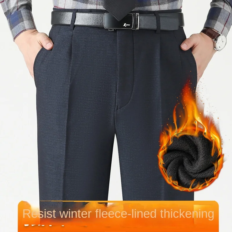 Thicken Fleece Winter Suit Pants Men Clothing Velvet Double Pleated British High Waist Loose Dress Trousers Man Size 44 46 48 4