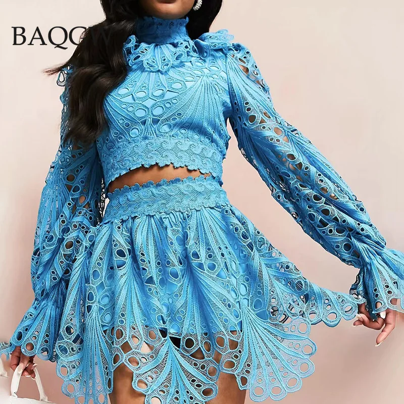 

Runway Cotton Lace Maxi Dress for Women Stand Collar Long Sleeve Hollow Out Embroidery Two Piece Dresses Female Autumn Clothing