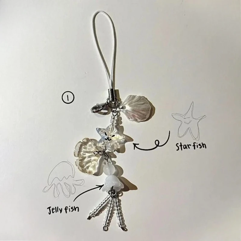 1PC Summer Ocean Style Phone Charm Strap New Woman Bag Seashell Jelly Fish Keychain Keycord Cute Girl Key Strap Lanyard
