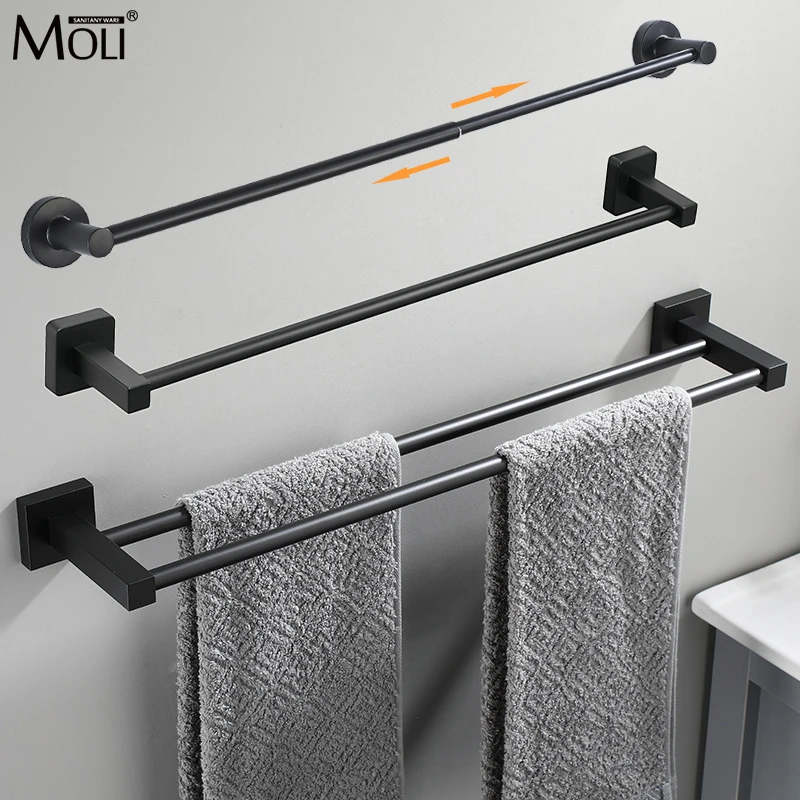 30/40/50/60/70cm Matte Black Bathroom Double Towel Shelf  Rack Holder Bath Towel Hanger Bar Self-adhesive ML1199