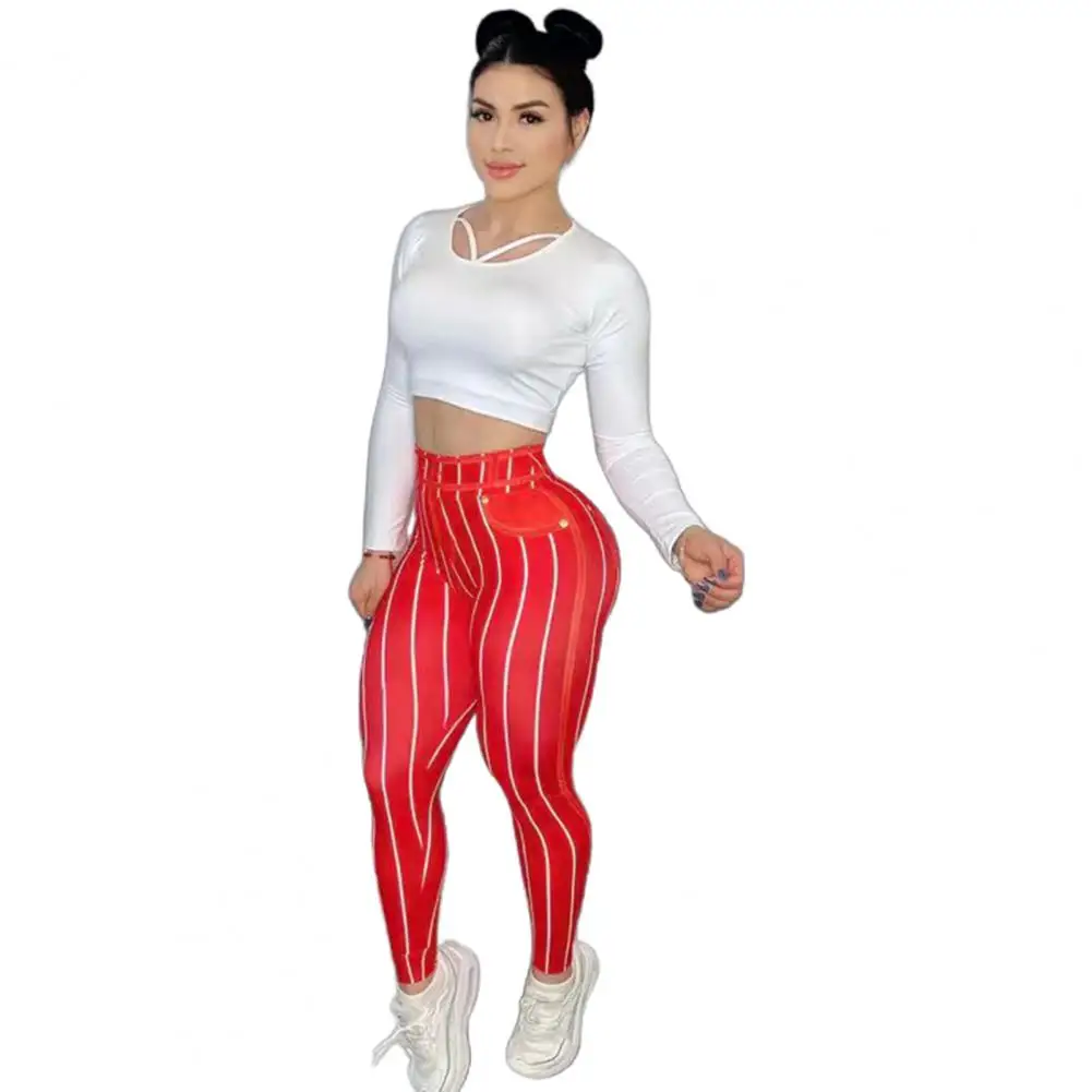 

High-waisted Printed Trousers Stripe Print High Waist Yoga Pants for Women Stretchable Fitness Leggings with Push Up Effect Sexy