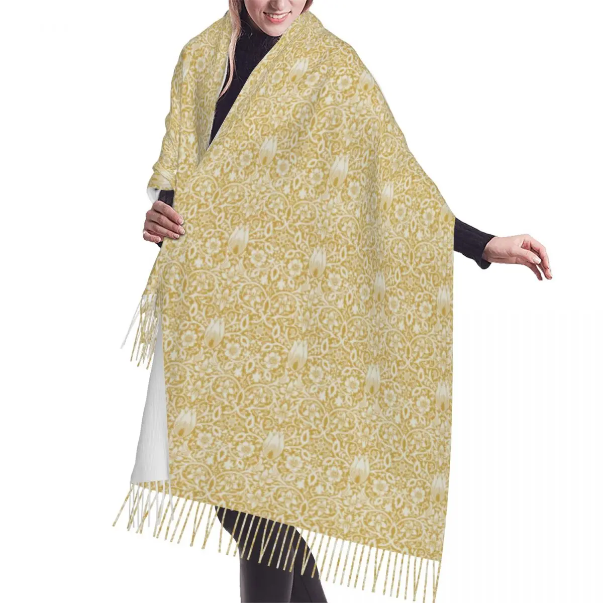

Luxury William Morris Bird Pattern Sunflower Tassel Scarf Women Winter Fall Warm Shawls Wraps Lady Fashion Versatile Scarves