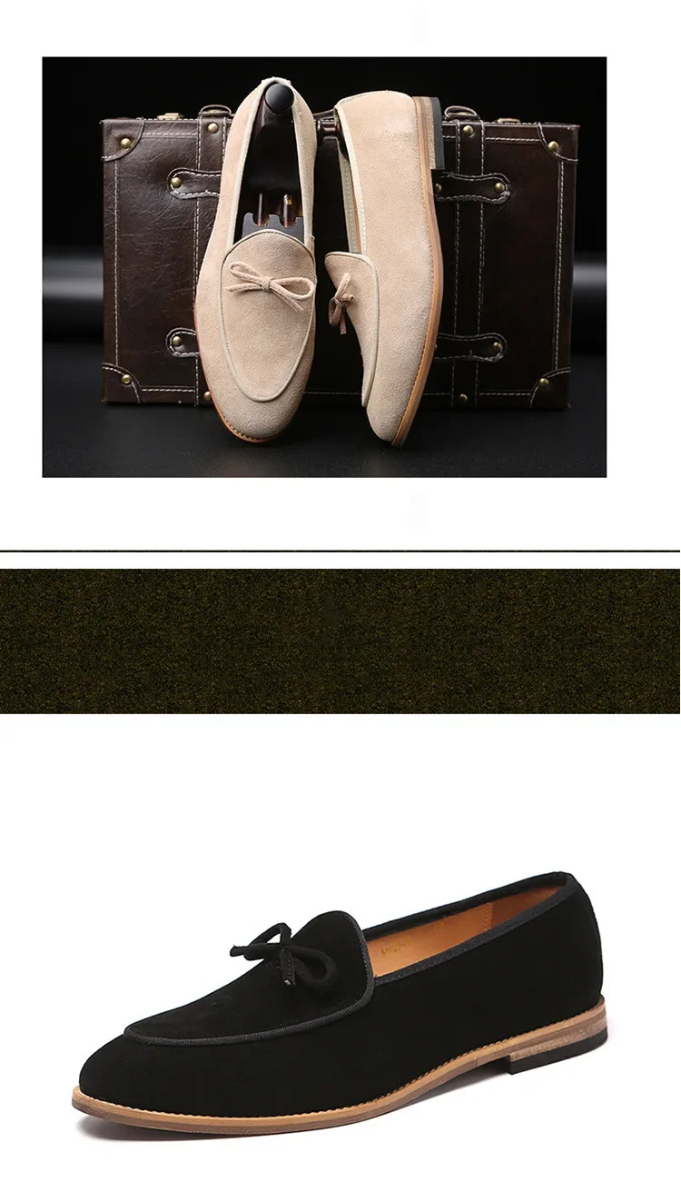 Men's Casual Shoes Suede Genuine Leather Men Trendy Bowknot Party Wedding Loafers Moccasins Mens Driving Flats