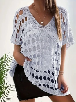 Women's Fashion Casual V-Neck Open-Shirt Design Top Elegant Hollow out Neck Design for Comfortable Wear 1