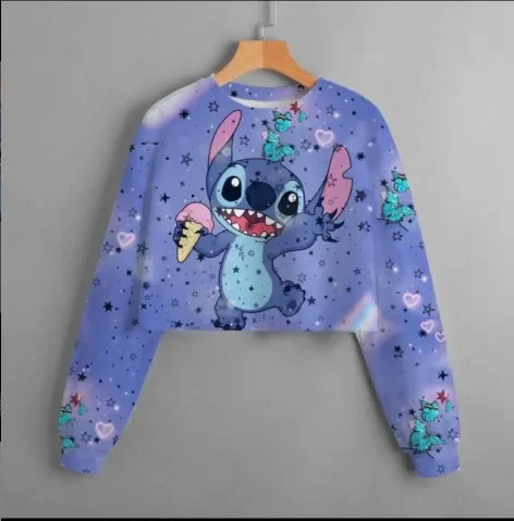 Disney New Spring and Autumn Girls' Short Sweatshirt Stitch Print Pullover Casual Cartoon Girls' Dress Top