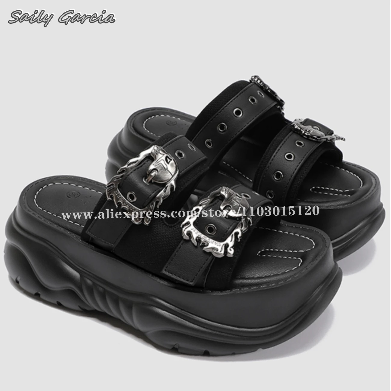 

Black Metal Decoration Belt Buckle Strap Slipper Sandals 2024 Punk Style Outdoor Slides Open Toe Platform Casual Beach Slippers