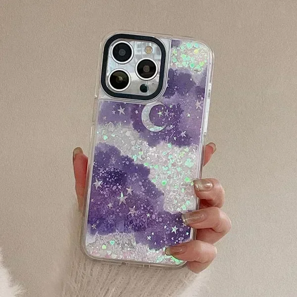 Transparent Border Quicksand Butterfly Purple Cloud iPhone 12 13 14 15 Pro Max Case - Protective iPhone Case