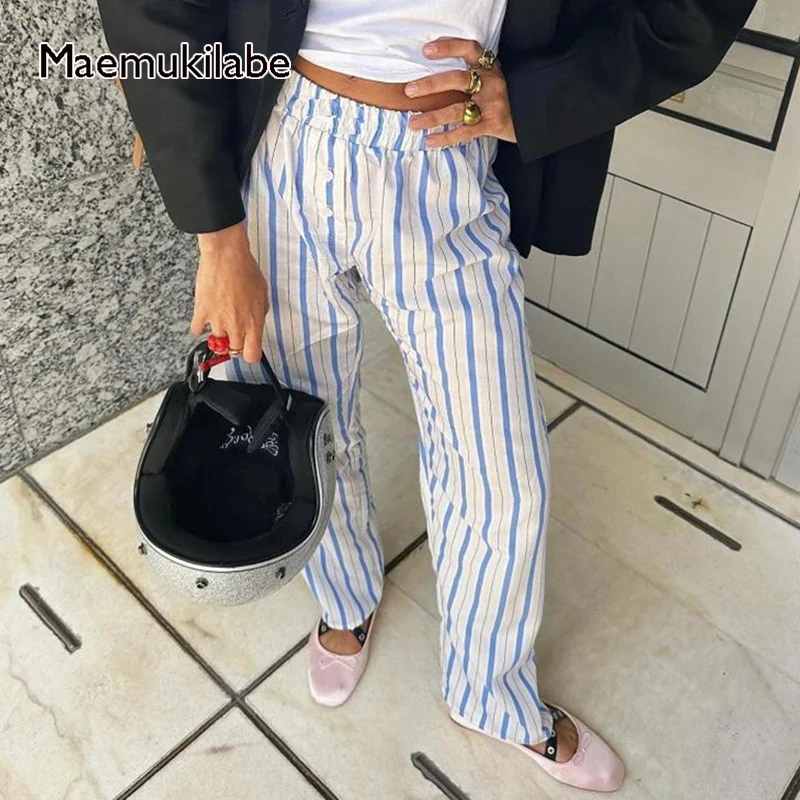 Maemukilabe Women Sweatpants Striped Plaid Patterm High Waist Wide Leg Pants Y2K Vintage Aesthetic Trousers Retro Streetwear