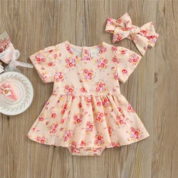 0-18 Months Baby Girl Cute Summer Romper Toddler Floral Print Short Sleeves Loose Bodysuits Tutu Dress With Headband Pink