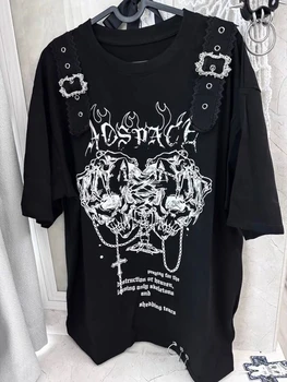 Yabi Hottie Gothic Dark Vintage Tops Subculture Y2k Print Short Sleeves Loose T-shirt Women Black Casual Clothes 2000s Chic Tees 1