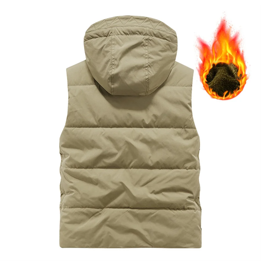 2025 Winter Men's Cargo Vest Thick Fleece Warm Sleeveless Jacket Hooded Tactical Coat Men Pockets Workwear Outdoor Waistcoat 3