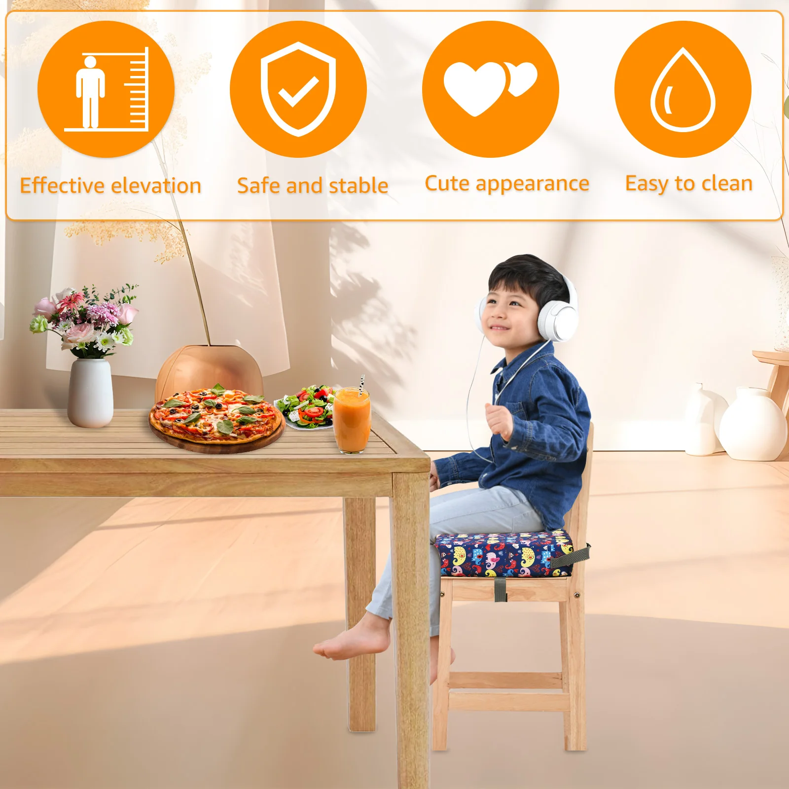 Non Slip Kids Booster Seat Child Dining Table Booster Seat with Adjustable Safety Belt & Fastening Strap Cartoon Booster Cushion