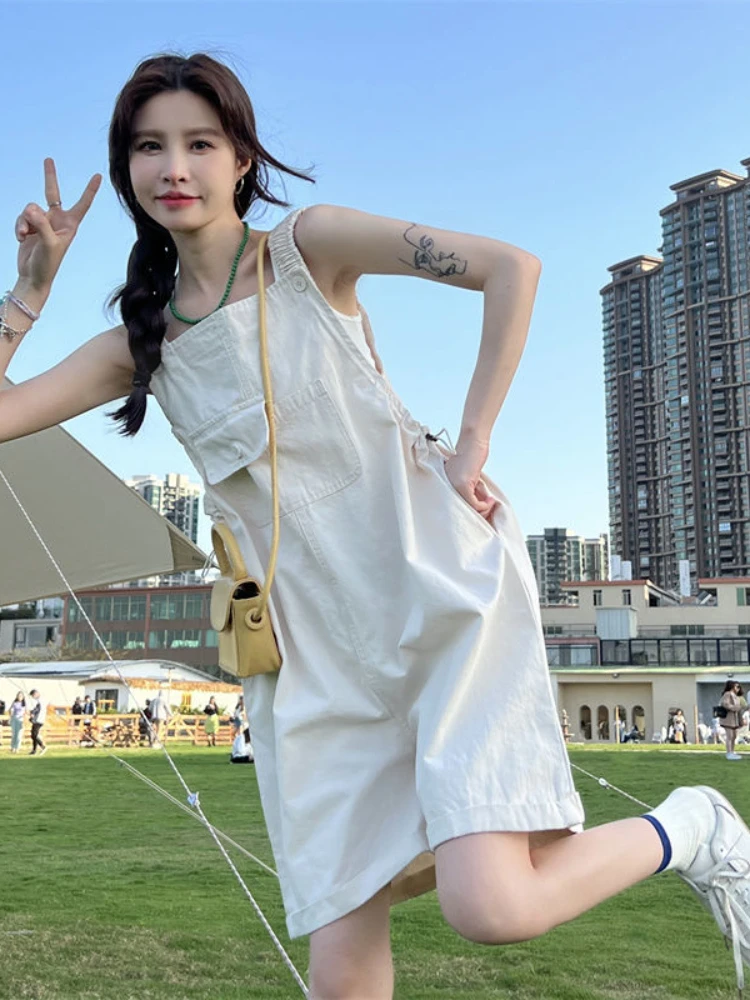 2022 Summer New Baggy Overalls Women Korean Loose High Waist Wide Leg Jumpsuits Fashion One-piece Shorts Female