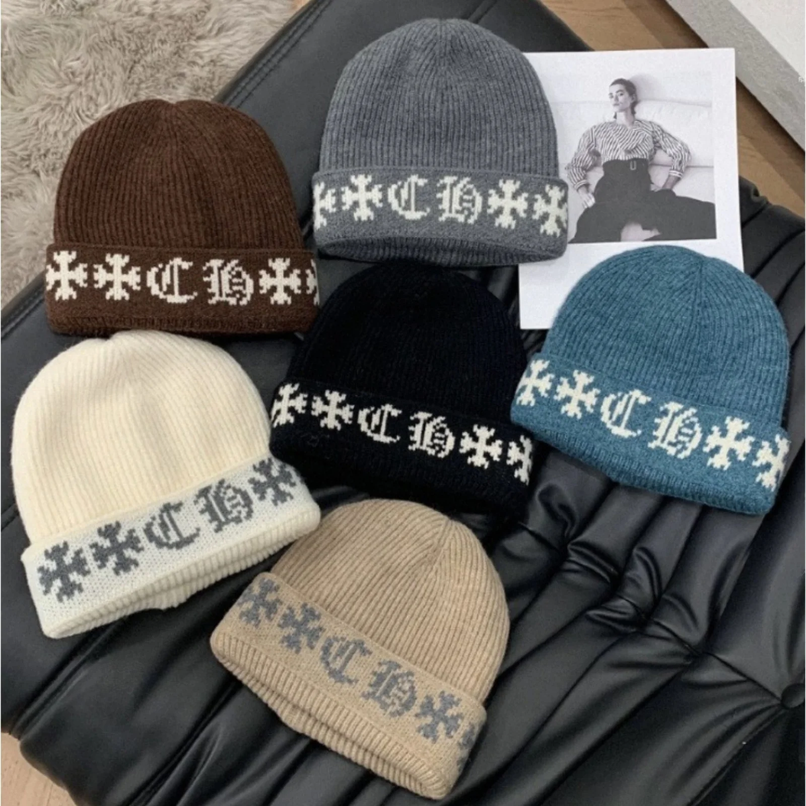 1PC Black Knitted Beanie Hat, Gothic Cross Pattern Warm Winter Cap, Unisex Fashion Streetwear Headwear, Soft Elastic Knit Hat