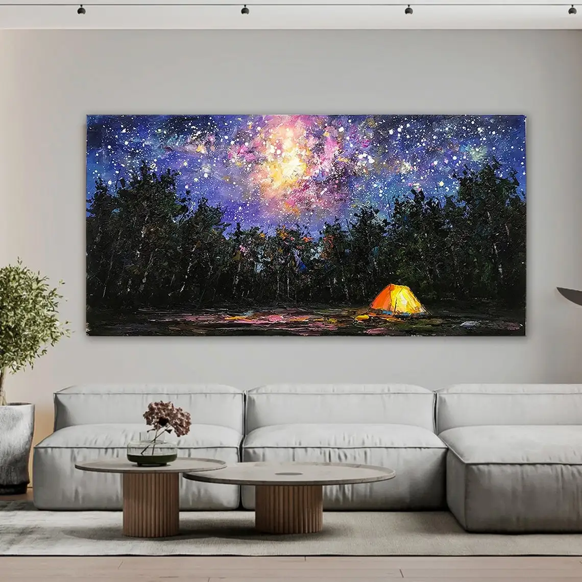 

Camping Starry Sky Forest Hand Painted Oil Painting Large Textured Wall Art Tent Wall Decor Modern Art Living Room Home Decor