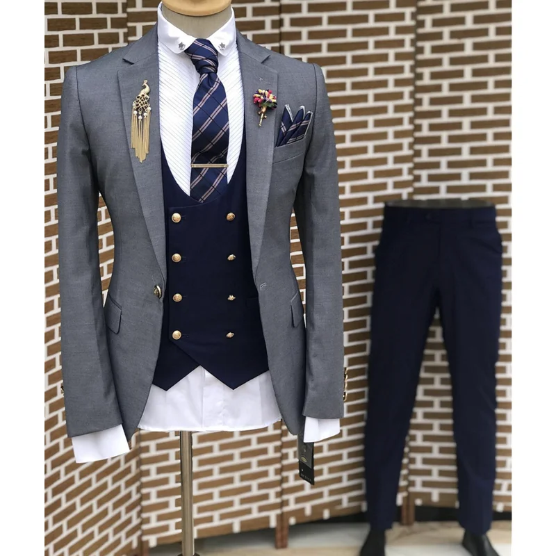 

Men's Suit 3 Piece Wedding Groom Tuxedo Notched Lapel Formal Jacket Navy Blue Pants Vest Male Business Blazer costume homme