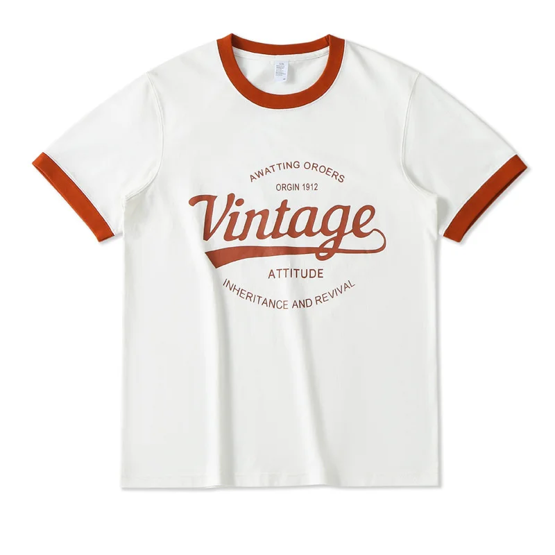 

2023 Heavyweight Cotton Mens T-shirt Retro Letter Print Contrast Color Patchwork White Tees Short Sleeve Couple Style Daily Tops