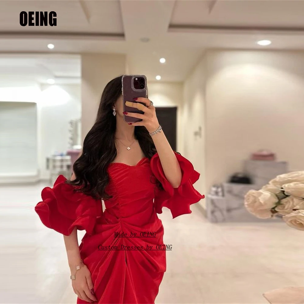 

OEING Arabic Red Stretch Satin Prom Dresses Plus Size Off Shoulder Short Sleeves Arabic Sweetheart Party Evening Prom Gowns