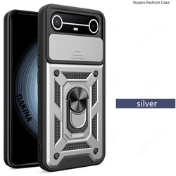 Slide Lens Armor Shockproof Case with Magnetic Ring Stand Holder for Tecno Pova Slim 5G (Silver)