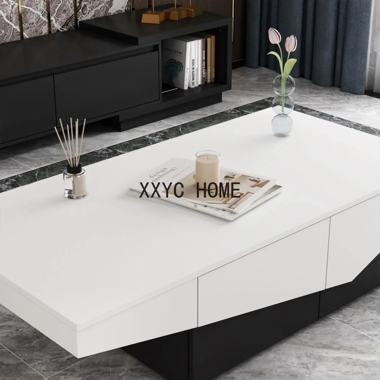 Modern Coffee Table with 4 Drawers, Central Table Living Room with Storage, White and Black Wood