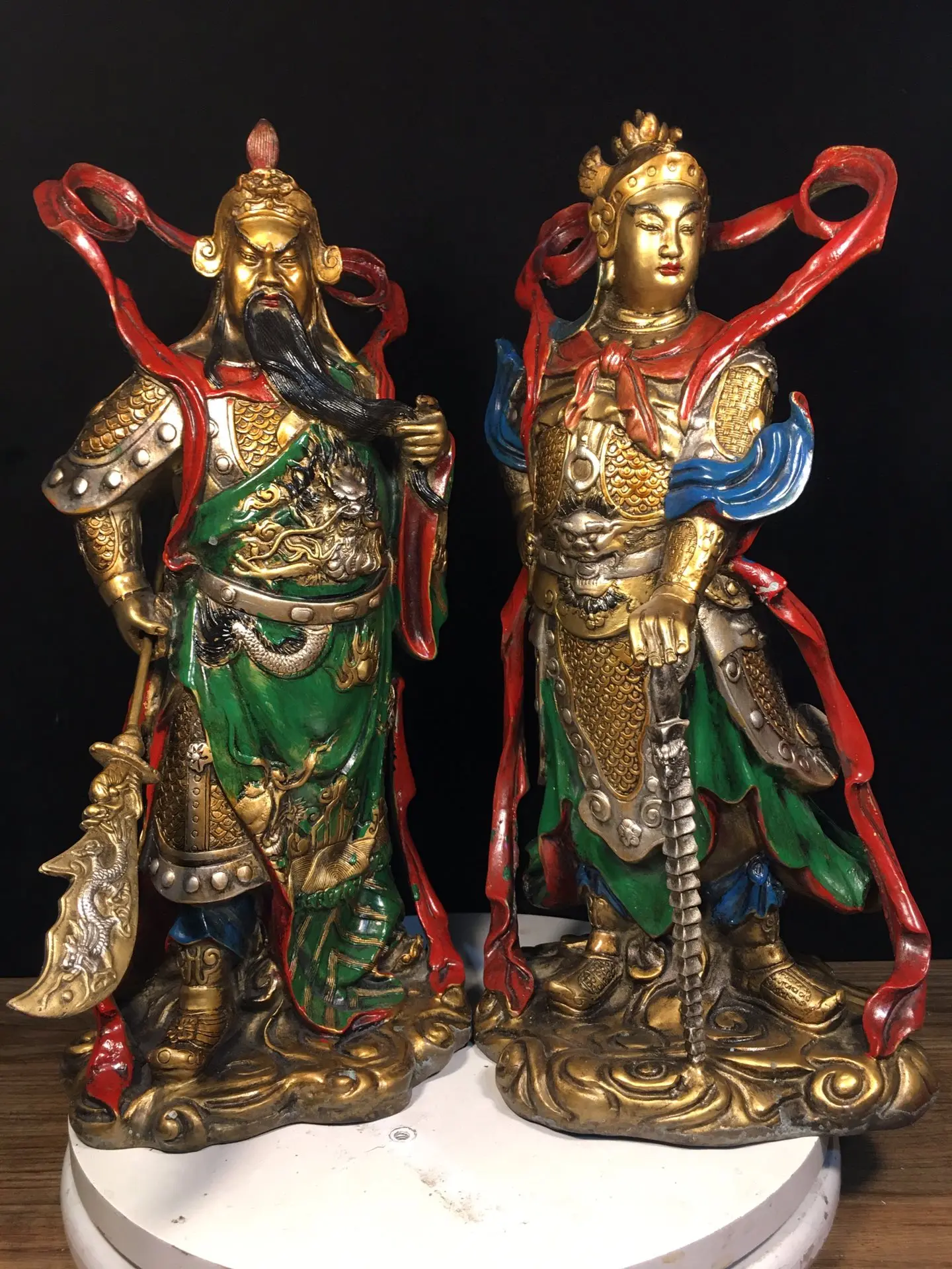 

16"Tibet Temple Collection Old Bronze Painted Guan Yu Veda Door God Guardian God A set Worship Hall Town house Exorcism