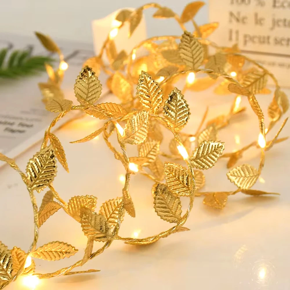 1Pcs 5M 50LED Golden Tiny Leaves Fairy Light Battery Powerd Led Copper Wire String Lights For Wedding Home Party DIY Xmas Decor