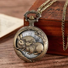 

Animals Roman Numerals Quartz Pocket Watch Men Women Rabbit Hollow Case Steampunk Vintage Pendant Necklace Cute Gifts With Box