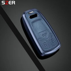 Premium Metal and Leather Car Remote Key Case Cover - Stylish Protection (Blue)