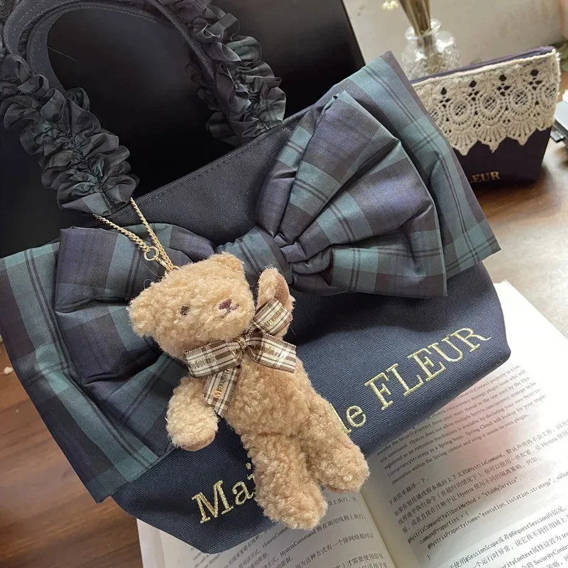 Japanese Cute Pear Flower Furry Ribbon Bow Bear Doll Handbag Pendant Exquisite Gift Student Women Bag Charms Keychain