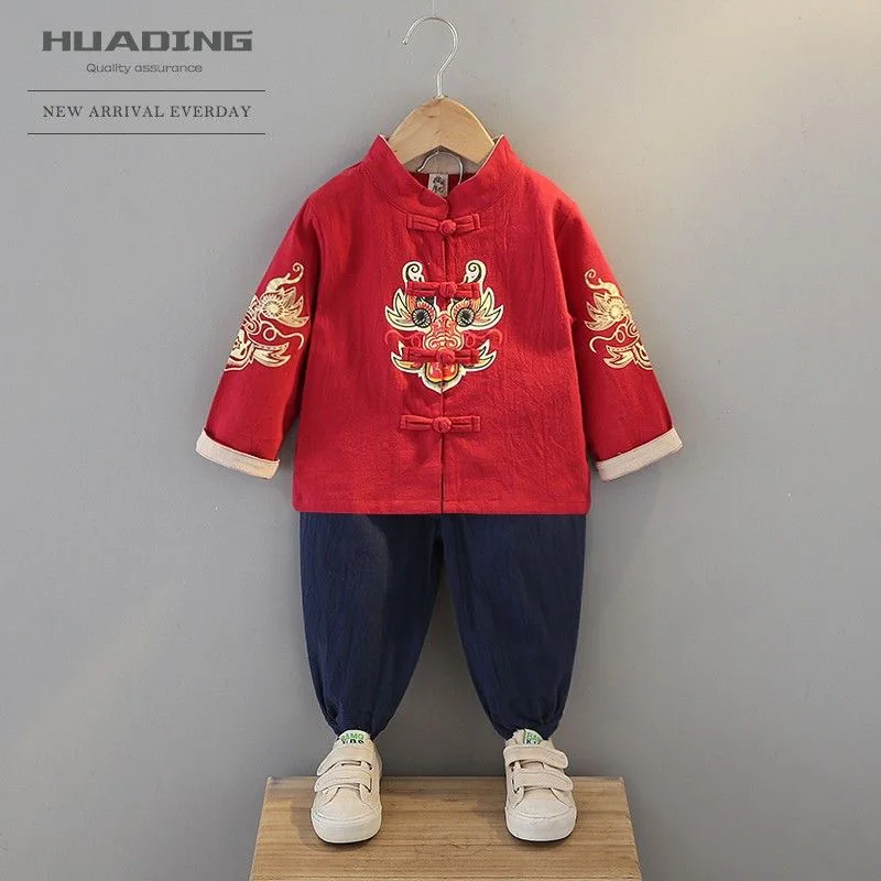 Summer Chinese Cotton Linen Tang Suit for Boy Girls Dragon Printing Short Sleeved Top Pant Set Baby Chinese New Year Clothes