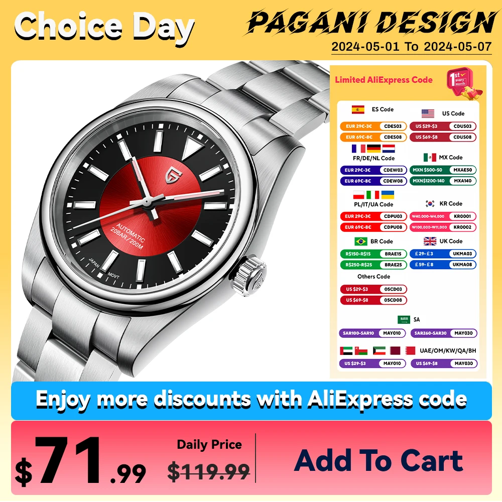 

PAGANI DESIGN PD1764 Men's Automatic Mechanical Watch Classic Red and Black Dial Sapphire Stainless Steel 200M Waterproof Clock