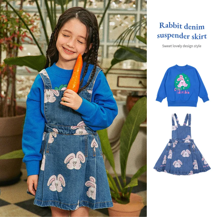 

In Stock! BEBE Baby Girls' Backstrap Dresses 2024 Spring New Fashion Rabbit Print Kids Hoodie Girl Denim Skirt Clothes