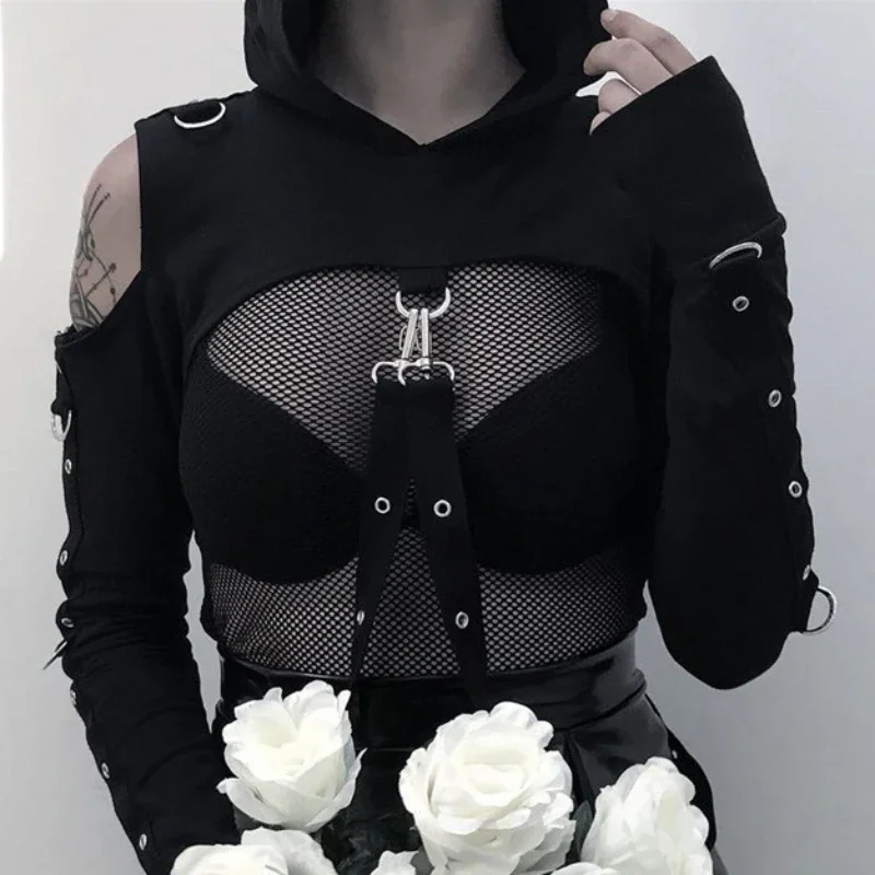 Spring and Autumn New Lady Cover Up Hoodie Women's Irregular Hole Short Hoodie Patchwork Pullover Hooded Long Sleeved Top