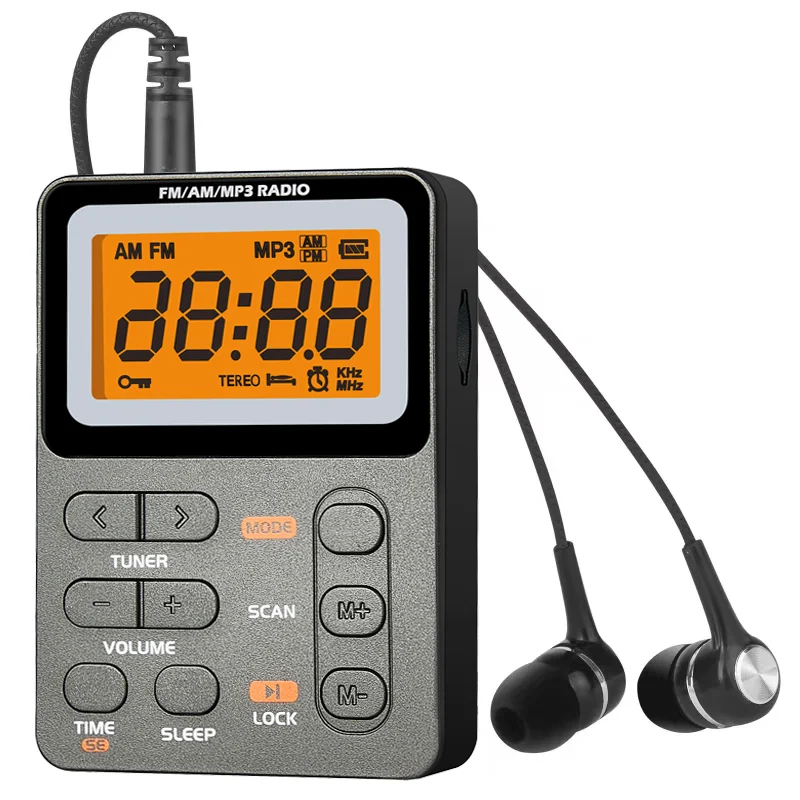 FM/AM 휴대용 미니 라디오, 다기능 라디오, MP3, 3.5 헤드폰 잭, 내장 스피커, 고품질 음질, 착용
