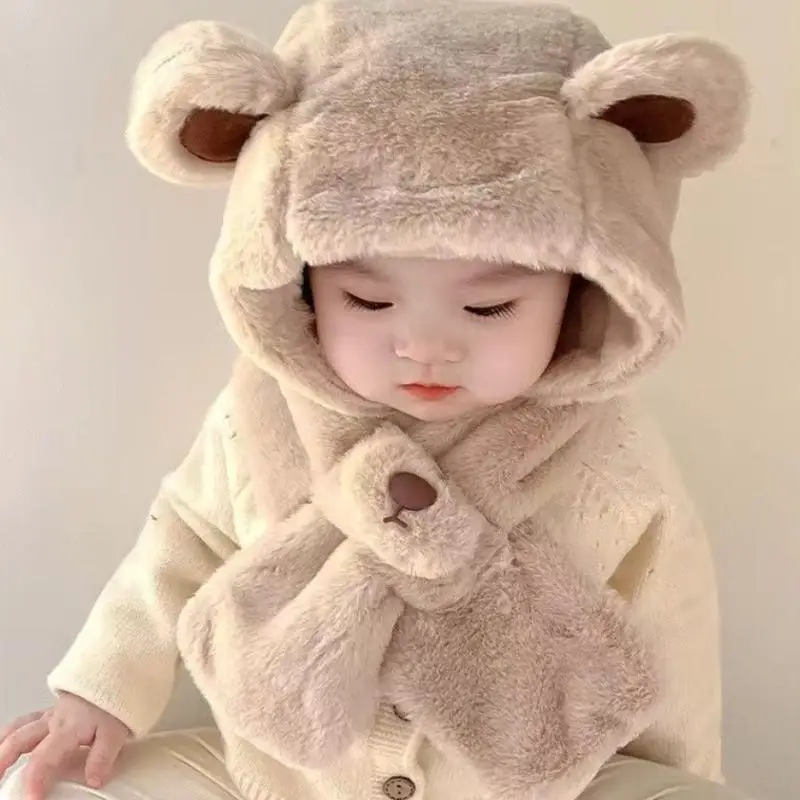 Thickened Bear Integrated Baby Hat Winter Children's Anti-wind Cap Plush Scarf Boys And Girls Winter Accessories One-piece
