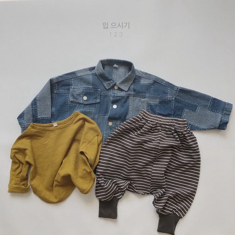 Korean Childrens Boys Denim Jacket Autumn Winter Full Print Retro Plaid Toddler Boys Work Jacket Loose Versatile Kids Coat