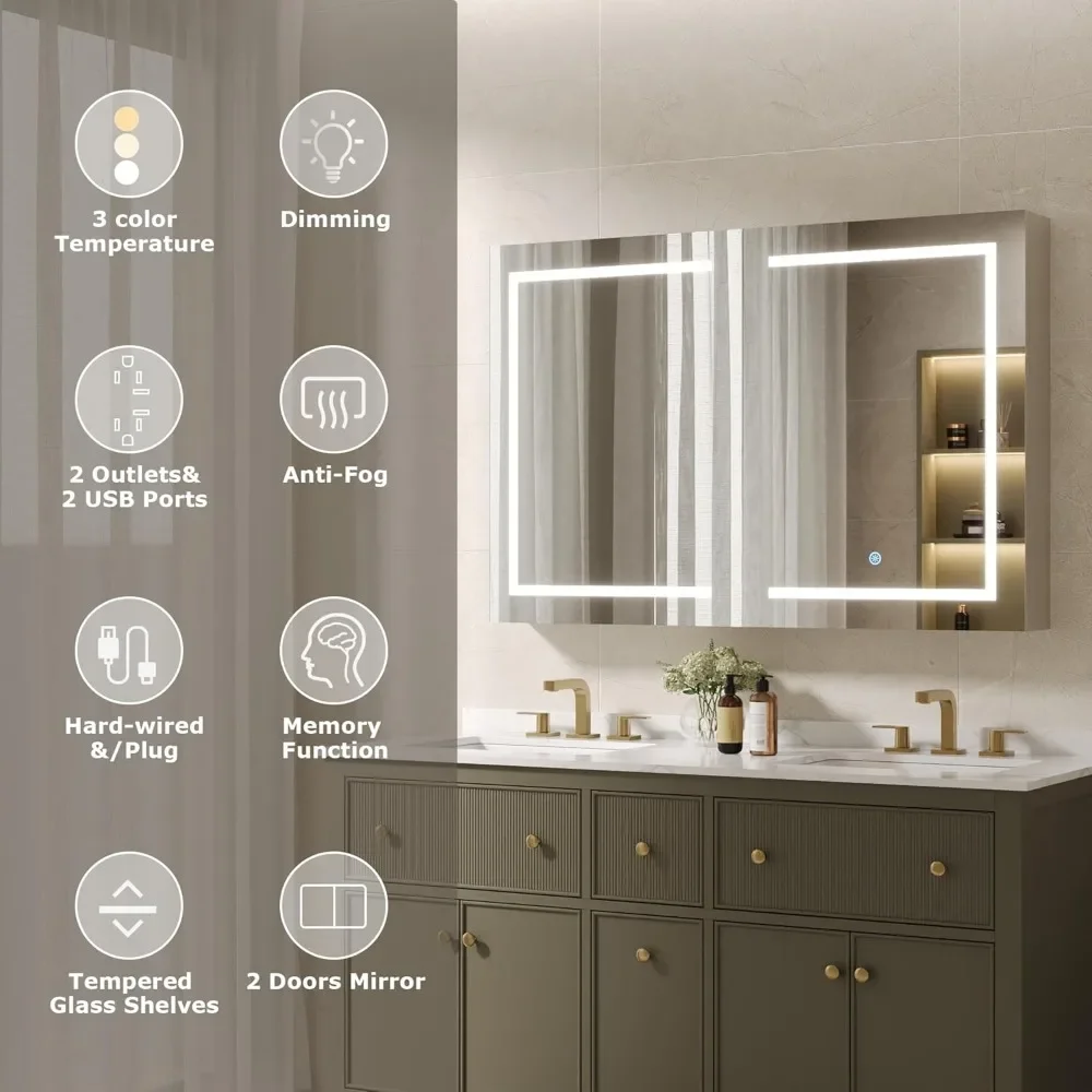 LED Dimmable 3 Color Lighting Mirror Wall Mounted Medicine Cabinet