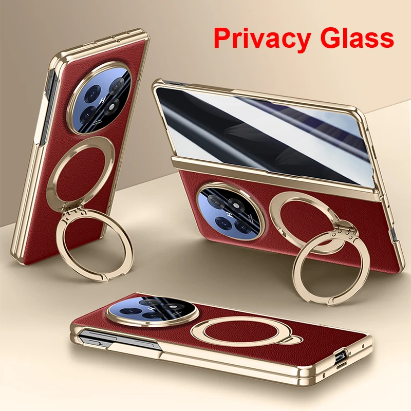 Luxury Leather Folding Case with Magnetic Rotating Ring Holder & Privacy Glass