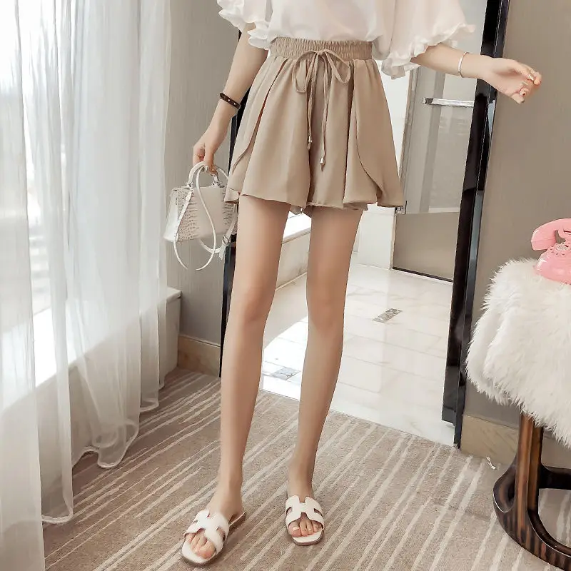 Summer Oversized Loose Solid Color Simplicity Wide Leg Elastic Waist Spliced Drawstring Commute Women's Clothing Chiffon Shorts