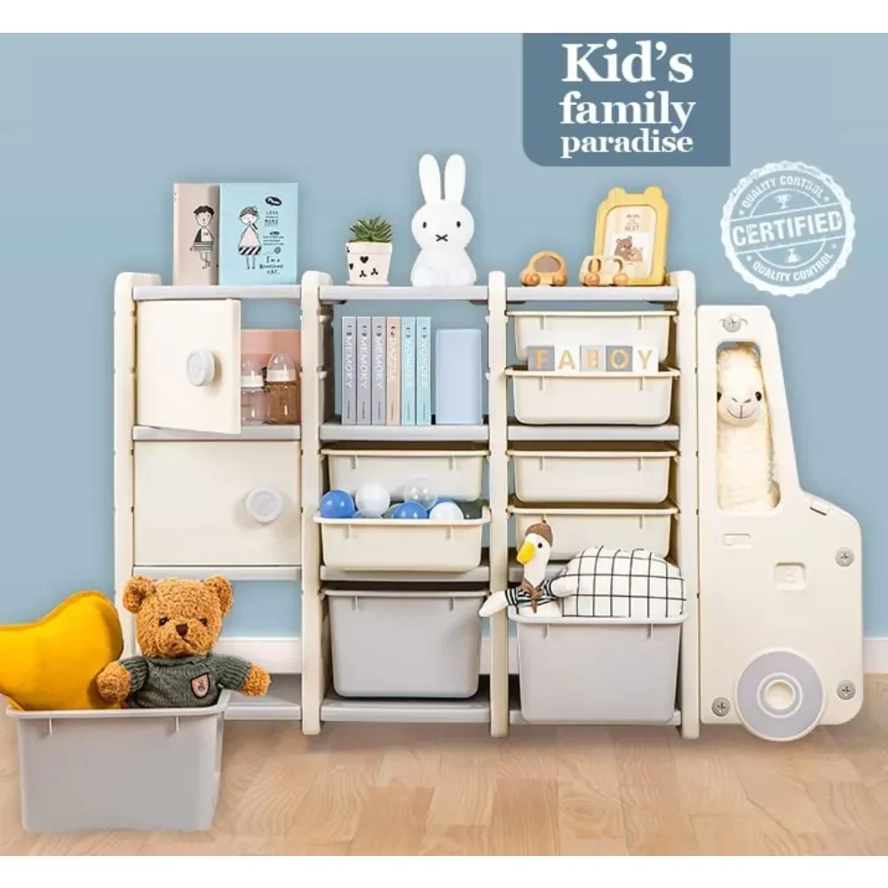 Kids Large Toys Storage Organizer Shelf Organizer for Books Toys with 11 Bins 2 Cabinets 3 Shelves Multipurpose Toy Book Storage