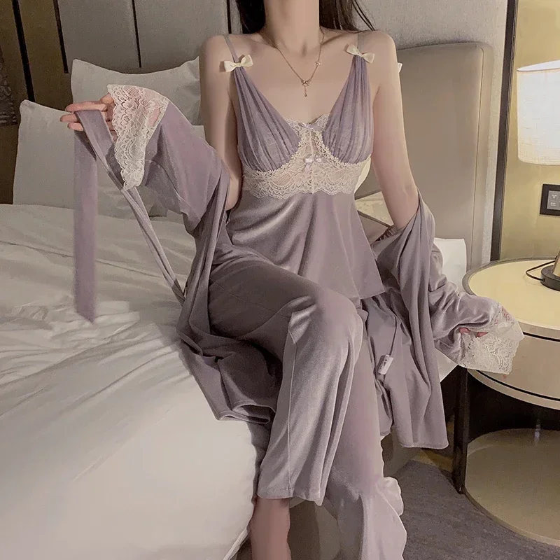 REBEYULI 여성용 벨벳 잠옷, 우아한 3 피스 잠옷, 라운지웨어, 캐주얼 패션, 가을, 겨울
