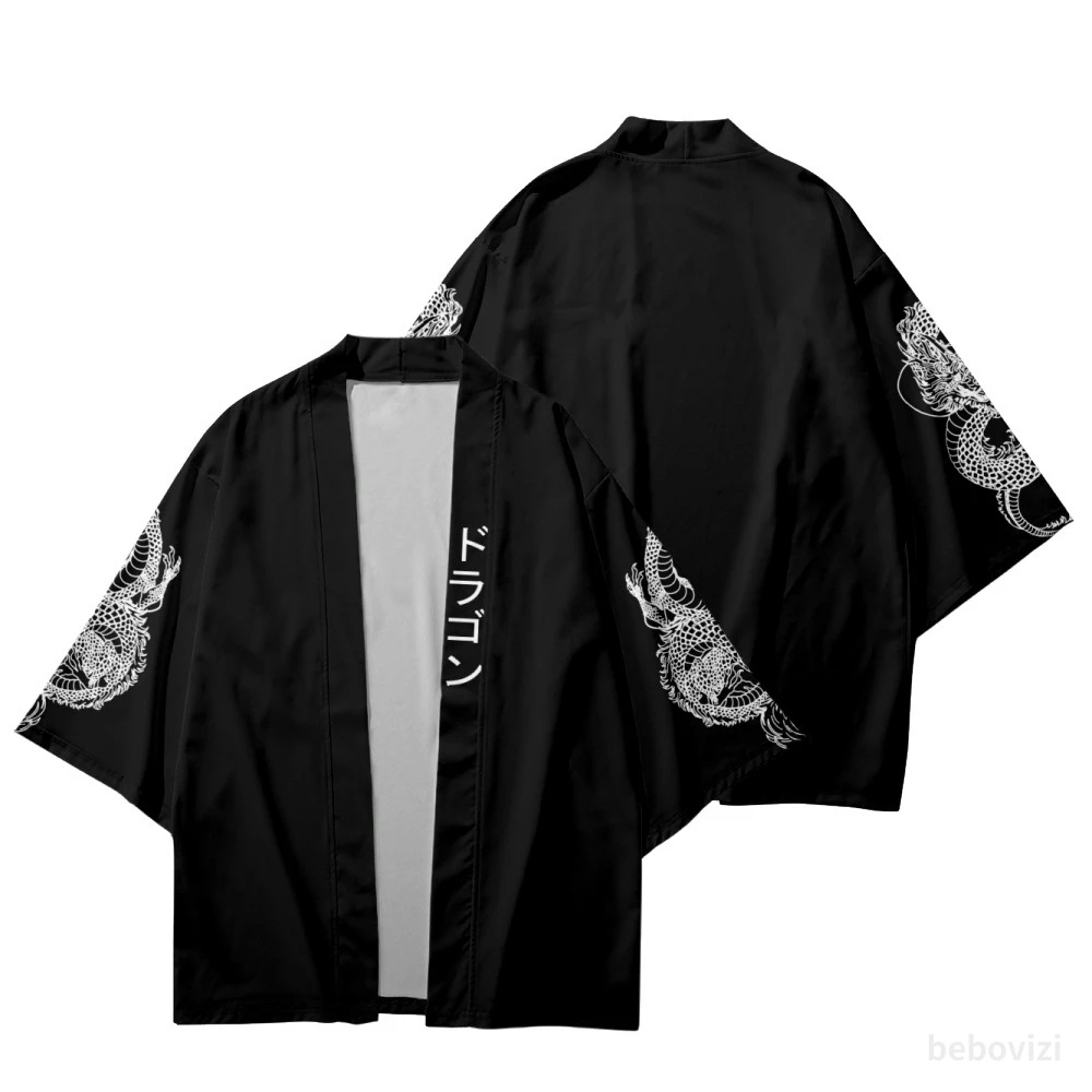 Street Wear Samurai Asian Clothing Japanese Style Sleeve Dragon Print Traditional Kimono Men Yukata Cardigan Black Cosplay Haori