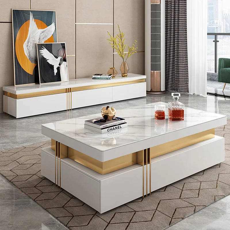 Luxury Design Furniture Metal Sofa Center Tables Marble Coffee Table With Drawers Tv Stand And Coffee Table Set