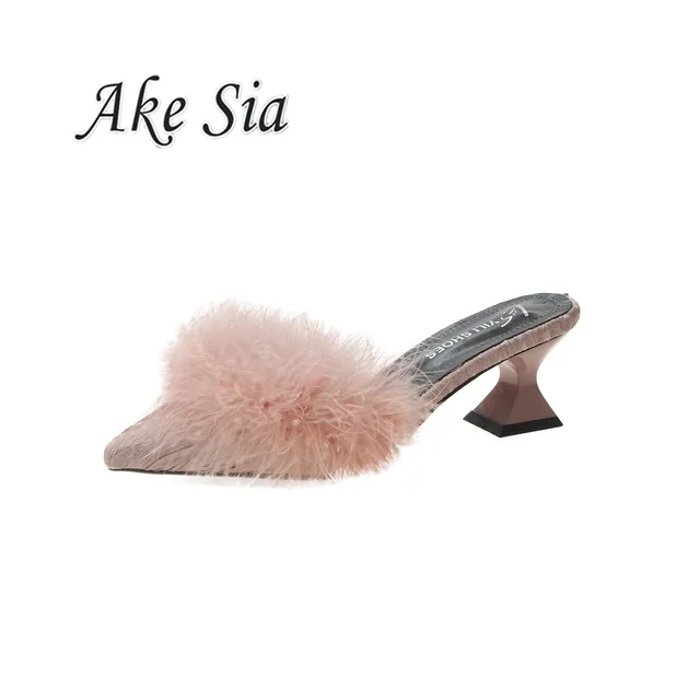 2020 new women's set toe-shaped non-slip high heels fashion rubber bottom elastic cloth summer shallow fur shoes 6