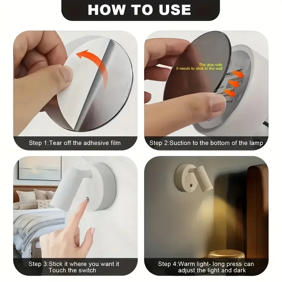 Magnetic Base USB Rechargeable LED Cordless Wall Light with Touch Switch Black White Magnet Dimmable Bedside Lamp for Reading