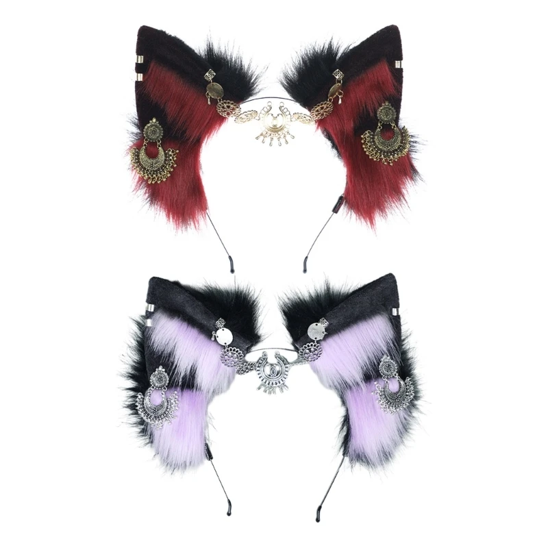 

Q0KE Cartoon Foxes Ear Shape Hair Hoop with Forehead Chain Decors Hair Holder Cosplay Party Headwear for Teenagers Adult