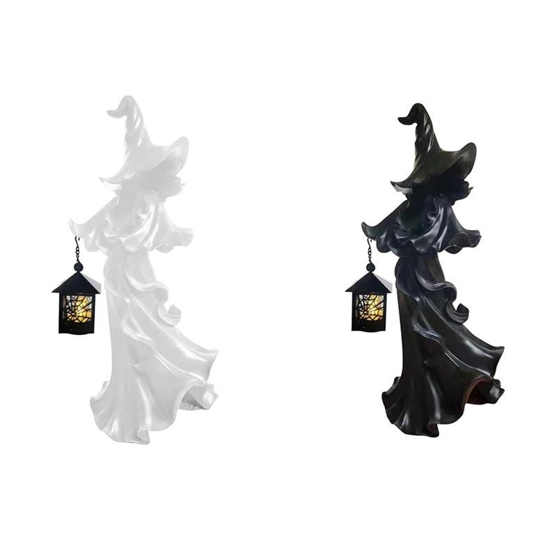 NALFI-Halloween Witch Resin Sculpture Ghost Sculpture With Lanterns Antique Halloween Decorations