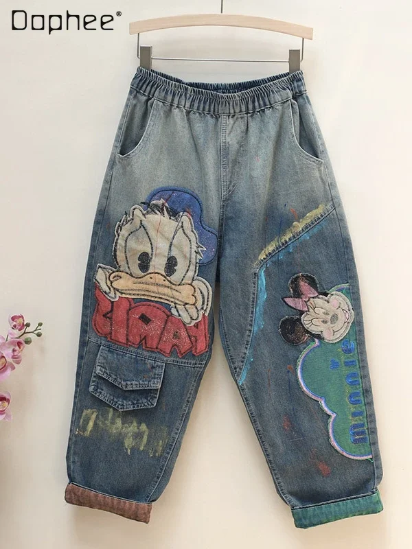 Spring and Autumn Thin Cartoon Embroidered Patch Ripped Denim Ankle-Length Pants Women's Elastic Waist Casual Streetwear Jeans