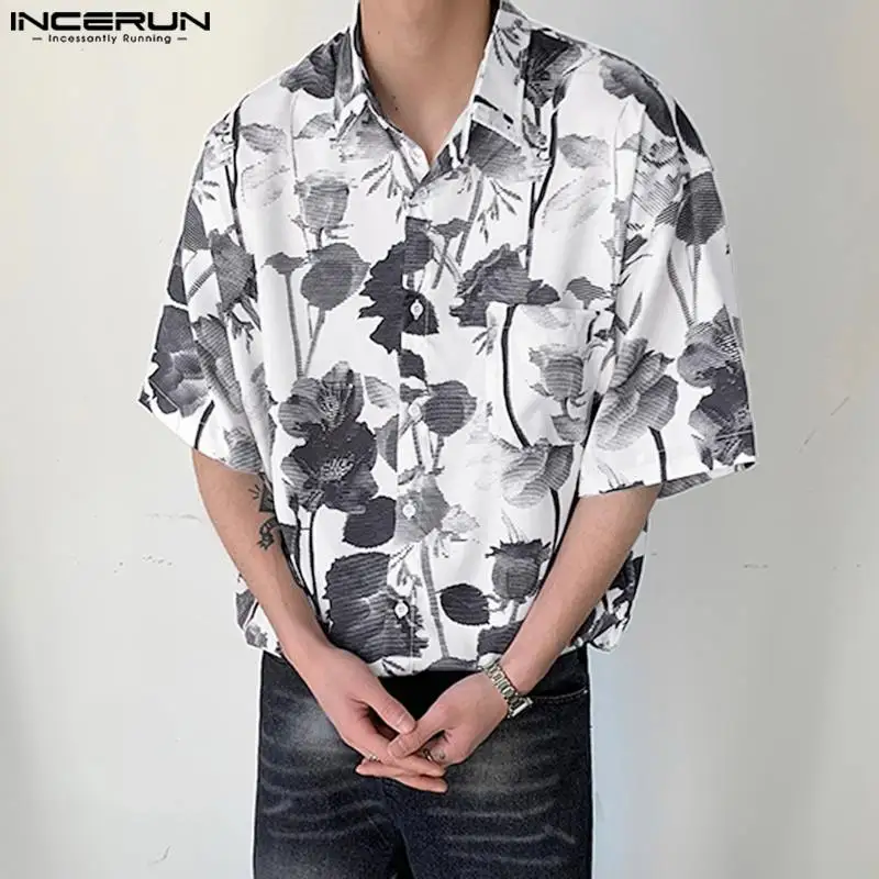 

INCERUN Tops 2023 Korean Style Men's Ink Black&White Floral Print Blouse Casual Well Fitting Hot Sale Short Sleeved Shirts S-5XL